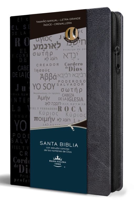 Biblia RVR 1960 Nombres de Dios letra grande tamaño manual con índice y cremalle ra color negro / Spanish Bible RVR60 Handy Size Black Names of God Index Zipp