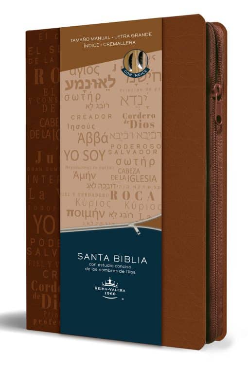 Biblia RVR 1960 letra grande tamaño manual cremallera e índice canela nombres de   Dios / Spanish Bible RV60 Handy Size Large Print Brown Names of God Index Z